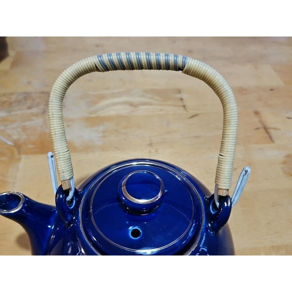 Vintage Japanese Cobalt Blue Tea Set With Gold Peacock Design - Teapot W/ 4 Cups